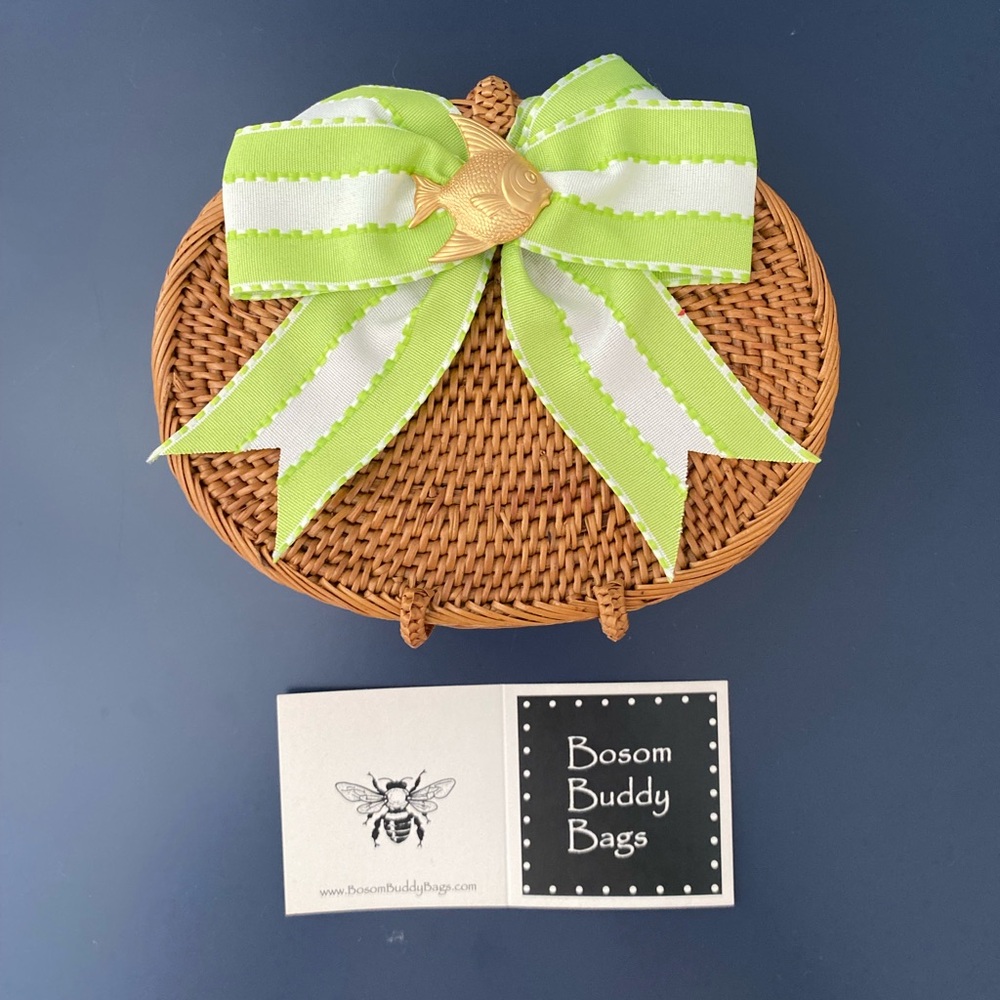 Handwoven Rattan Clutch with Green Bow and Gold Fish Accent